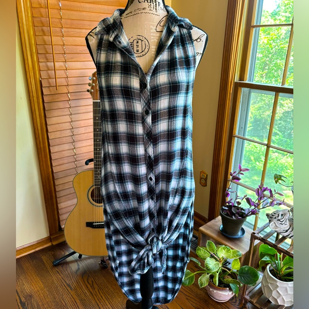 BDG Black White and Blue XS Plaid Hi-Lo Tie Dress